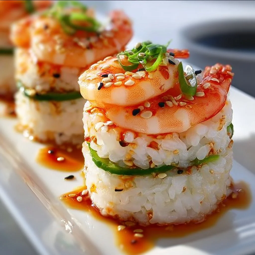 Spicy shrimp sushi stacks topped with fresh ingredients and sauces