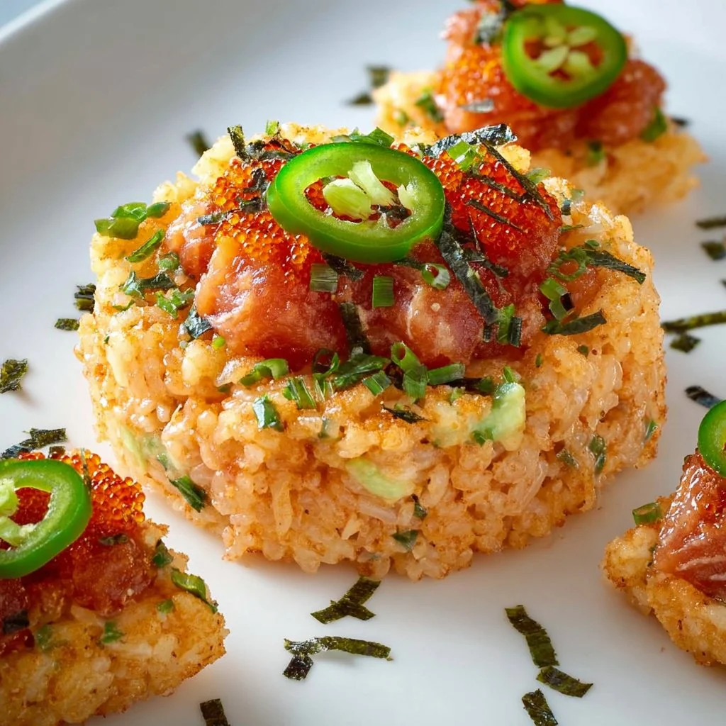 Spicy tuna crispy rice topped with avocado and sesame seeds