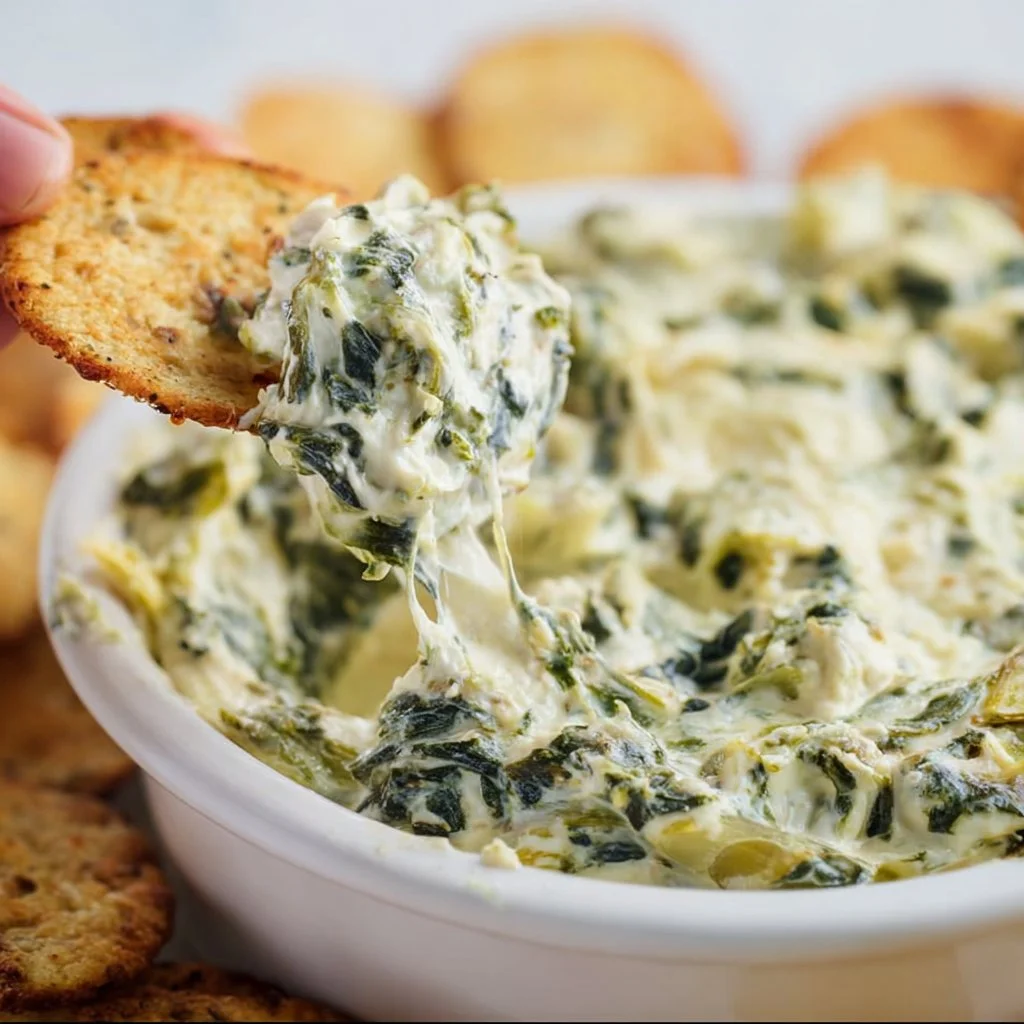 Creamy Spinach Artichoke Dip served in a bowl with tortilla chips