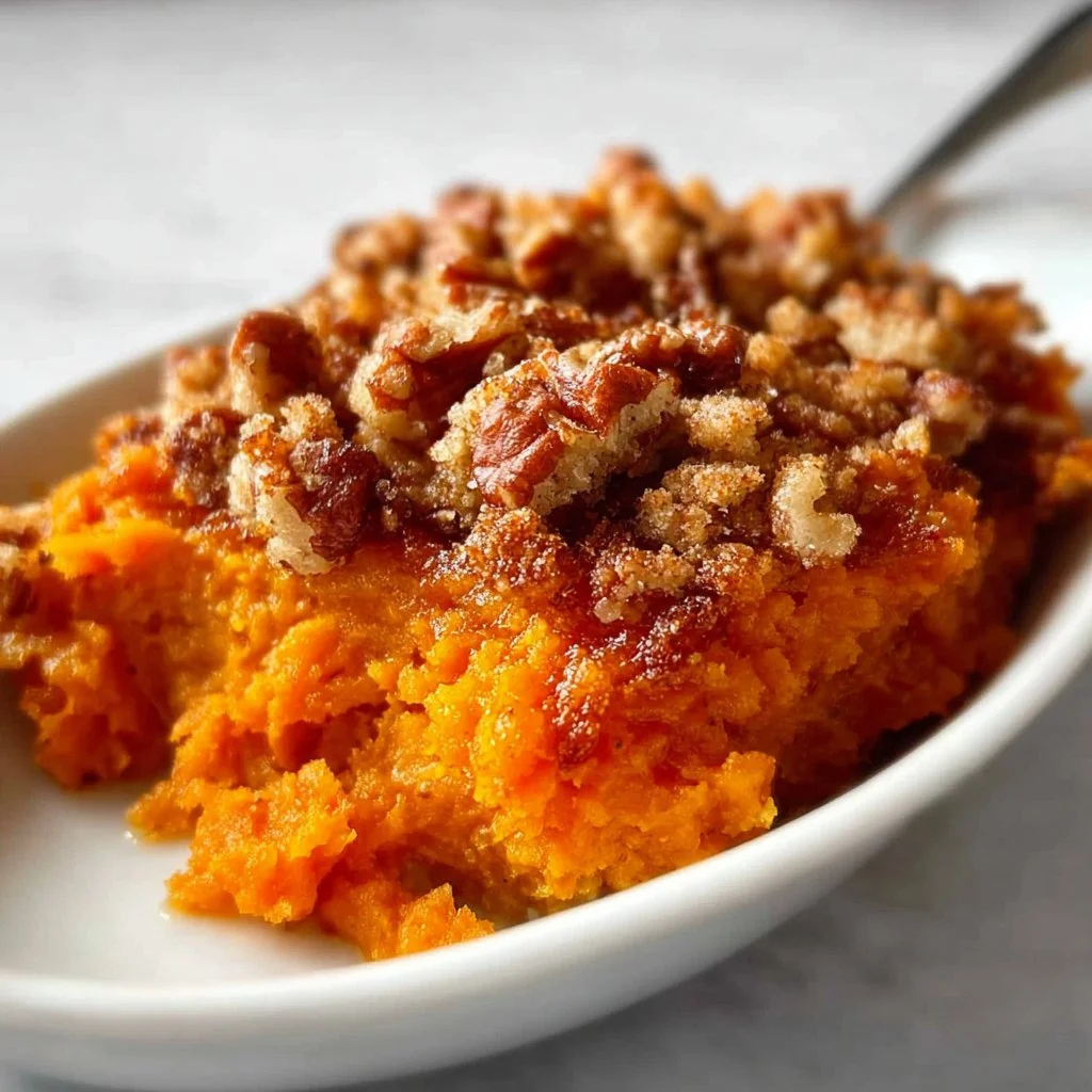 Delicious sweet potato casserole topped with marshmallows and pecans.