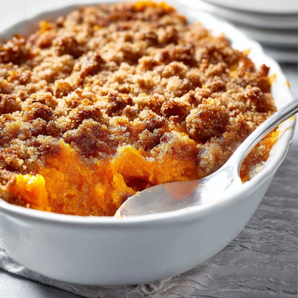 Delicious homemade sweet potato casserole topped with marshmallows and pecans