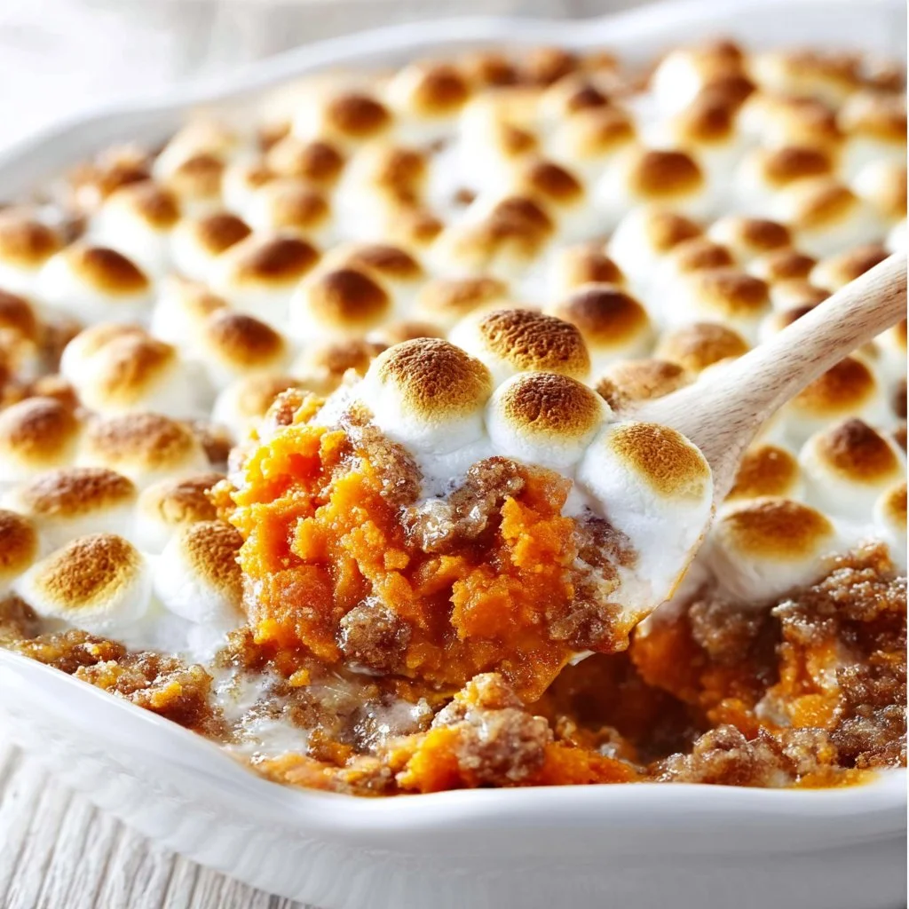 Delicious sweet potato casserole topped with marshmallows and pecans.