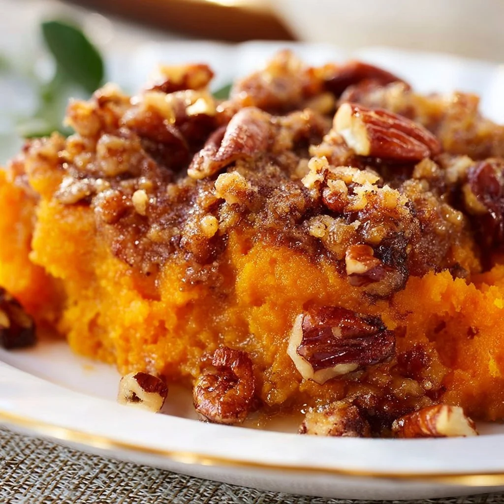 Delicious sweet potato casserole topped with crunchy pecans, ready to serve.