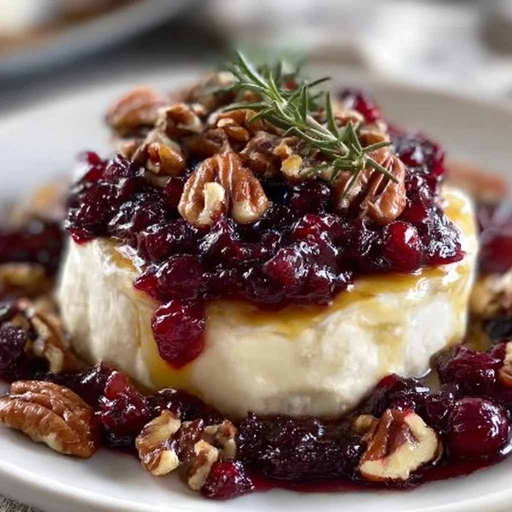 Thanksgiving Brie topped with cranberry and pecan mixture
