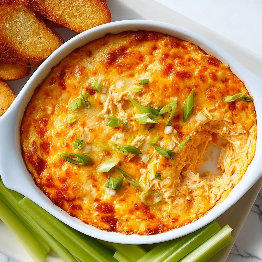 Delicious buffalo chicken dip served in a bowl, garnished with green onions.