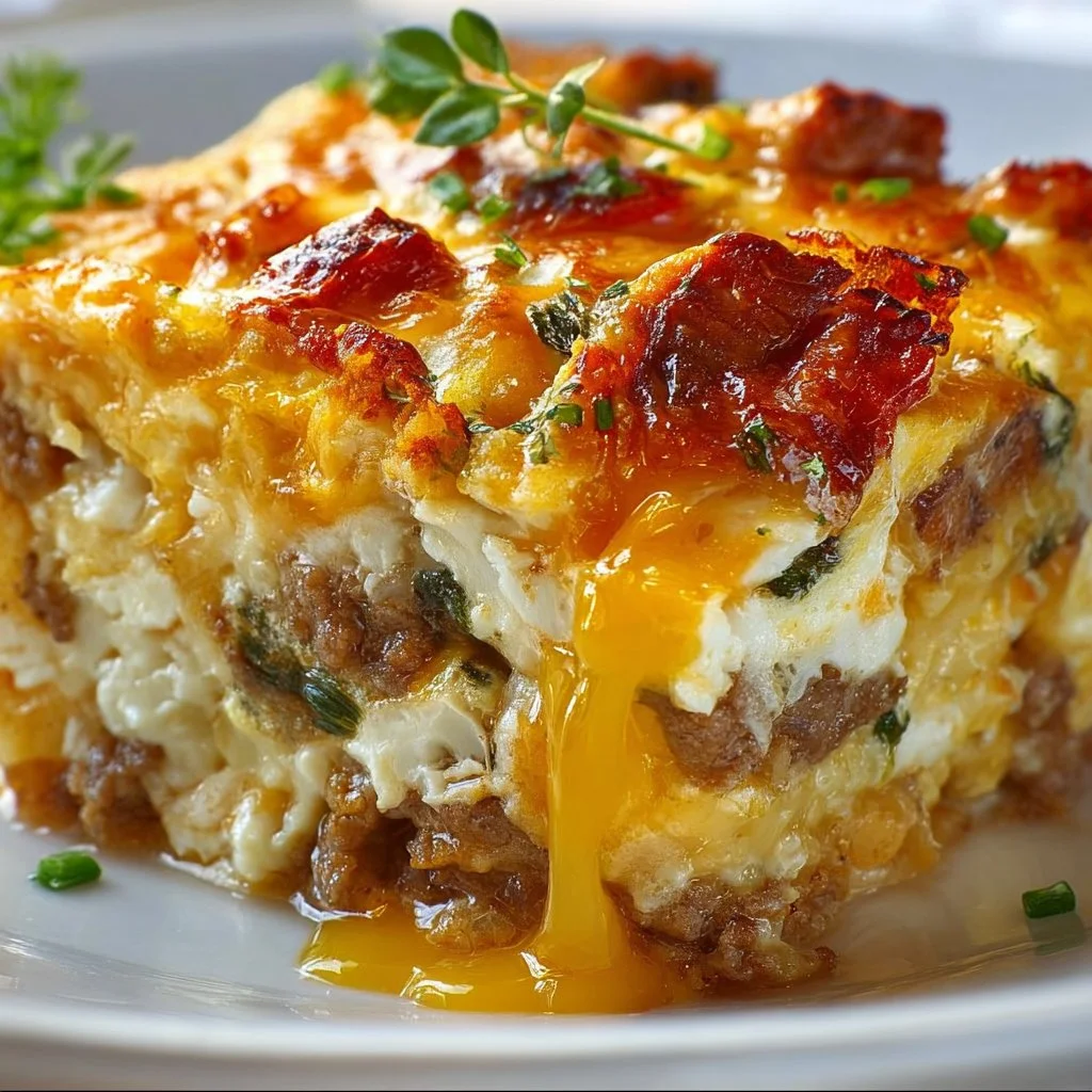 Delicious overnight breakfast casserole ready to serve for a hearty breakfast.