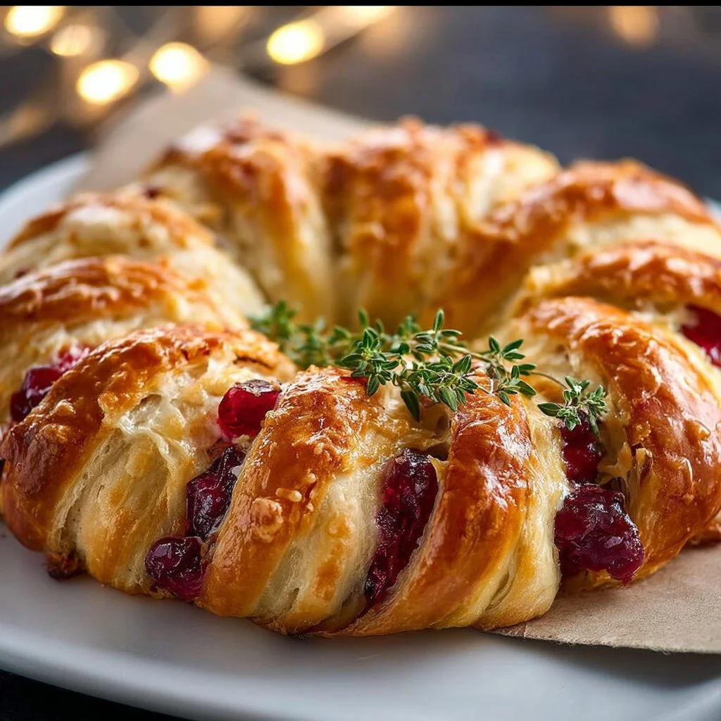 Delicious Turkey Cranberry Crescent Ring freshly baked and garnished.