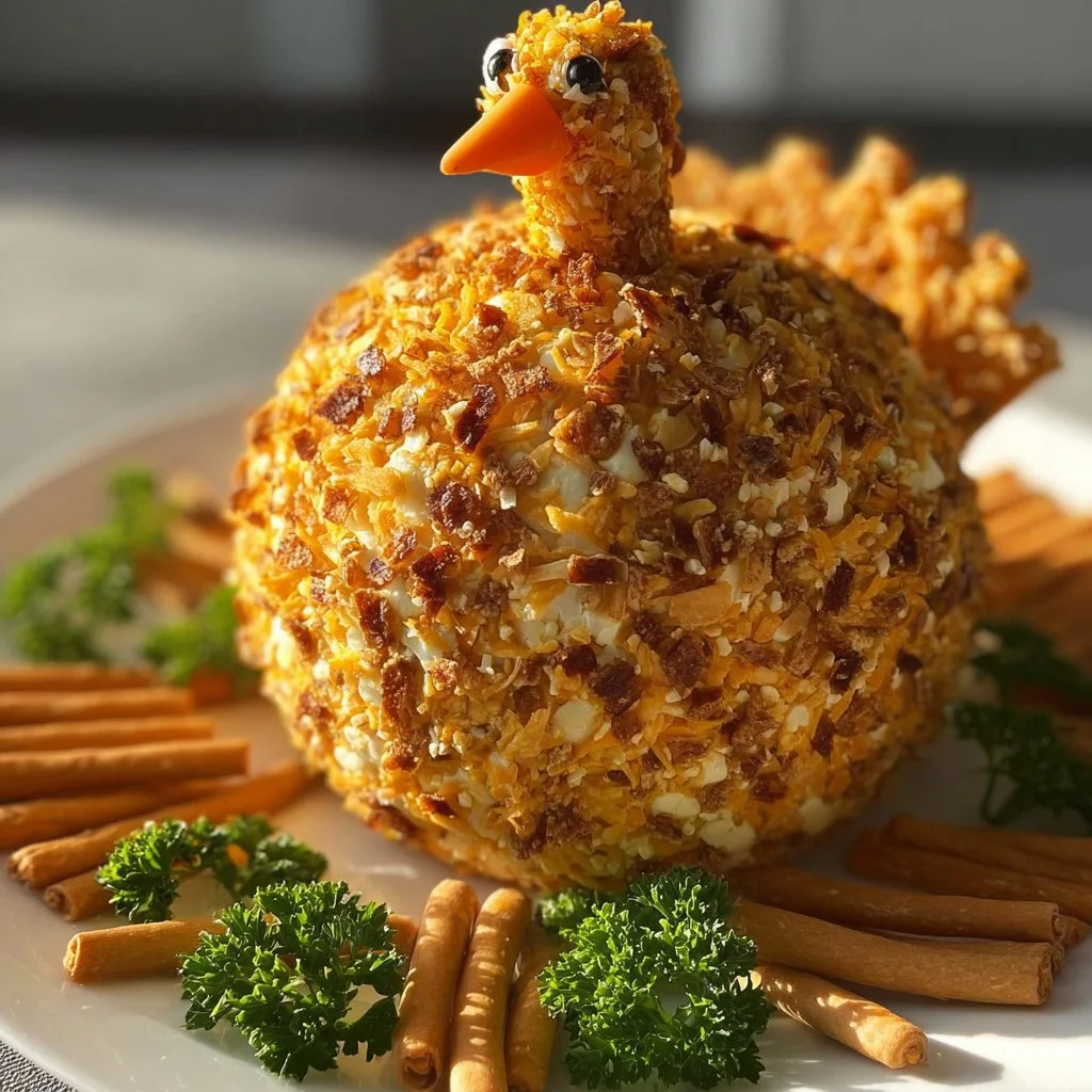 Turkey shaped cheese ball decorated for a festive Thanksgiving party