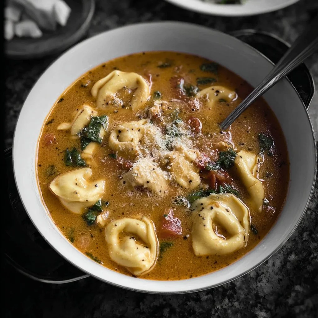 A bowl of Tuscan Chicken Tortellini Soup garnished with fresh herbs.