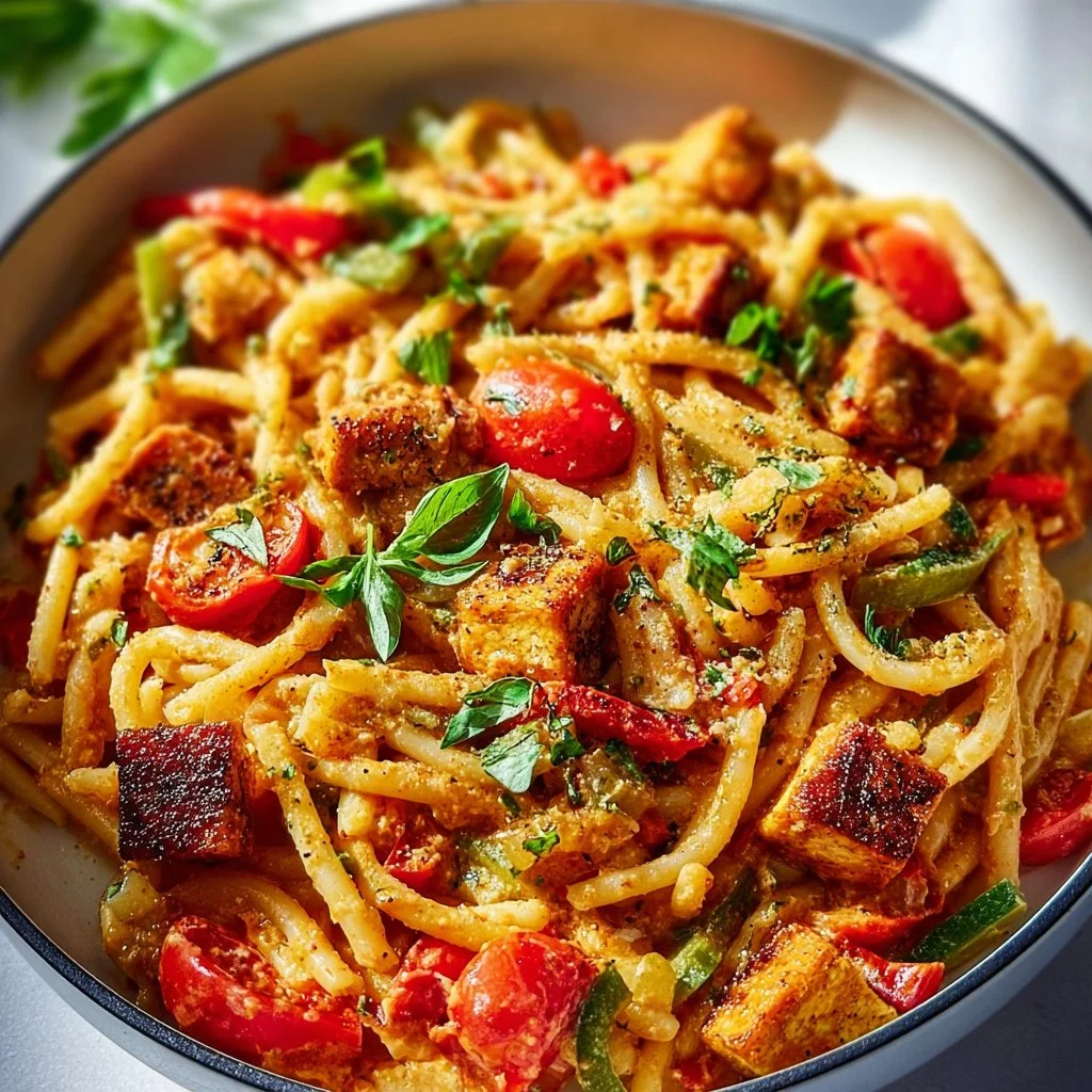 A bowl of flavorful Vegan Cajun Pasta garnished with herbs and spices.