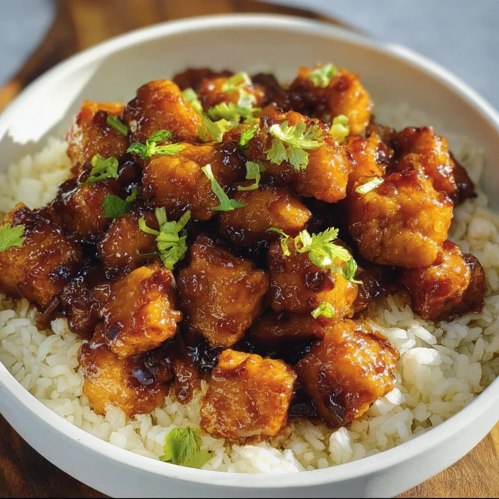Delicious Vegan Orange Chicken made with tofu served on a plate.