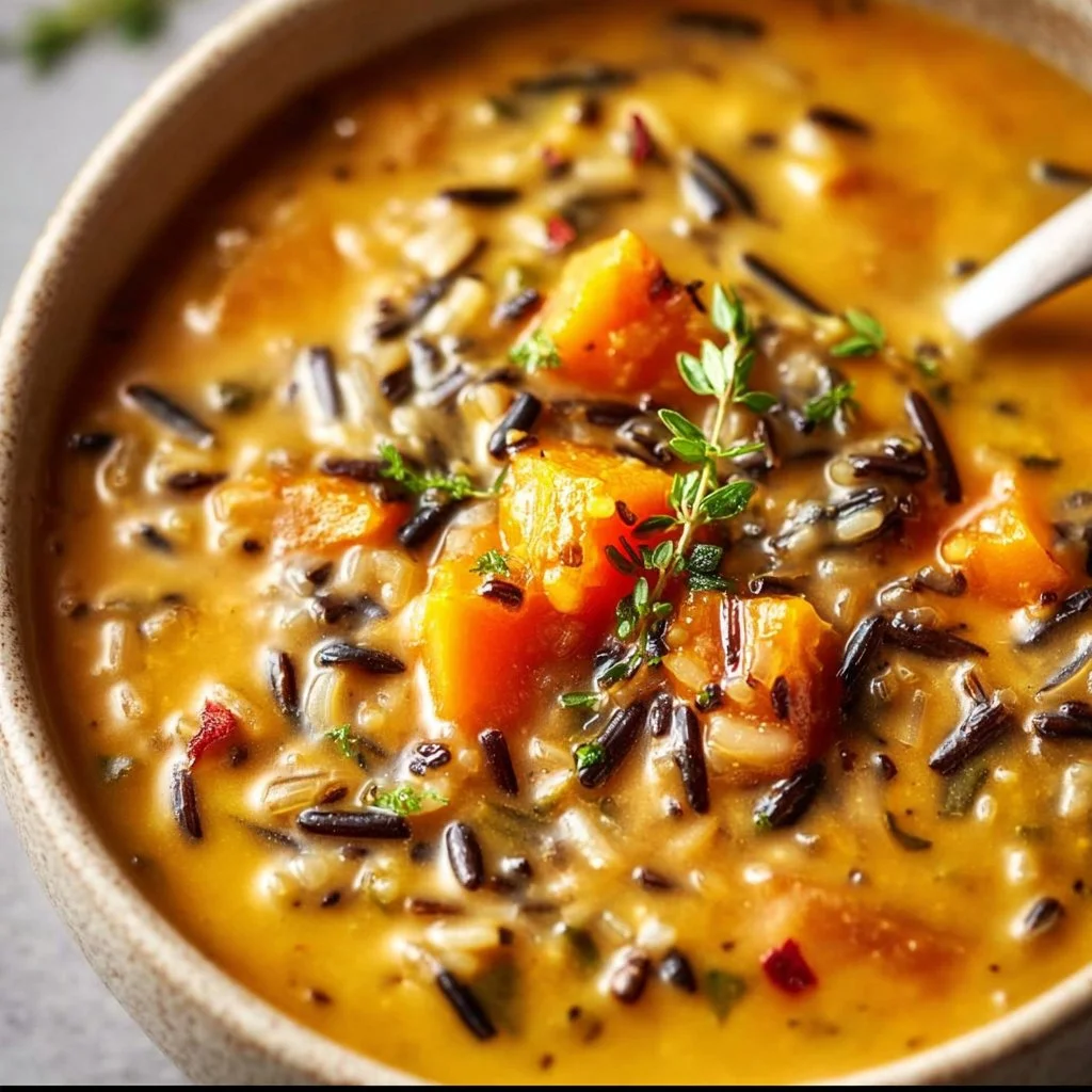 Bowl of Vegan Pumpkin Wild Rice Soup garnished with herbs and spices