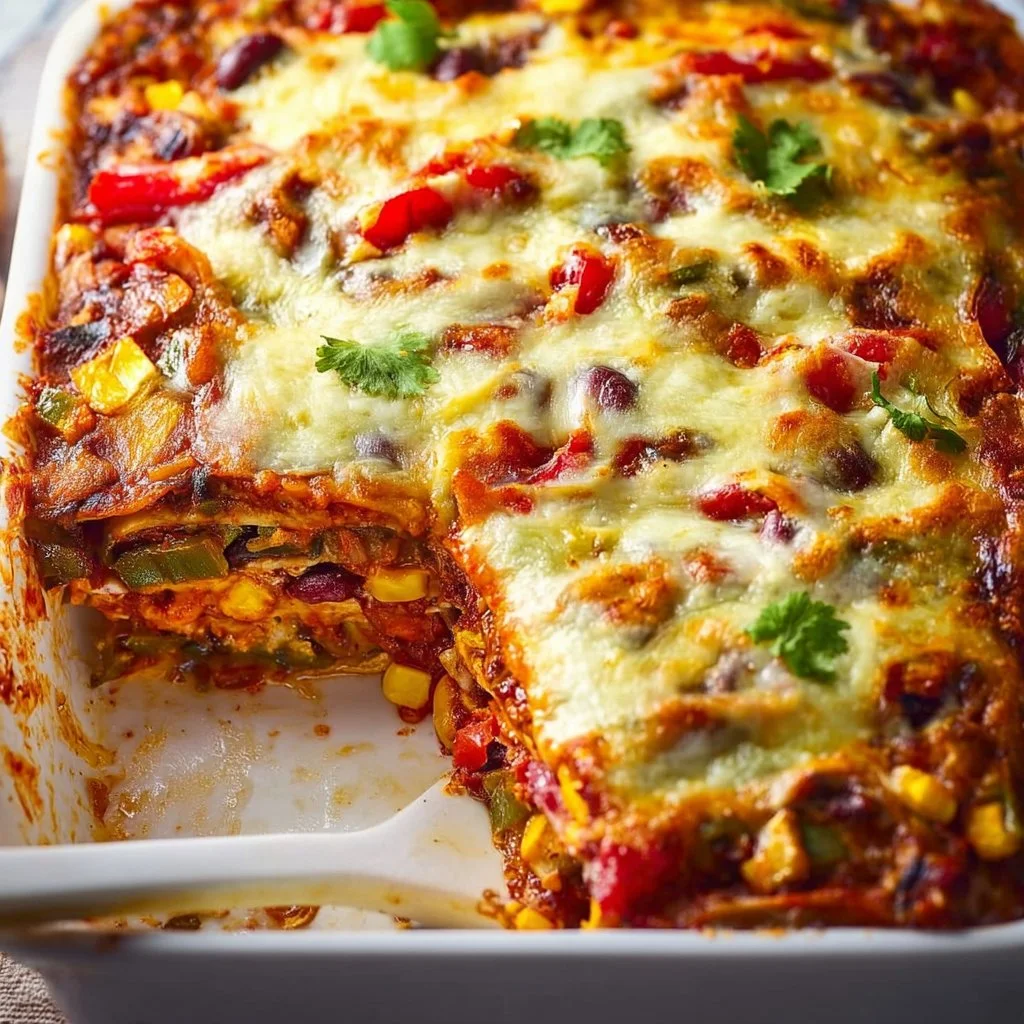 Delicious vegetable enchilada casserole dish topped with cheese and fresh herbs