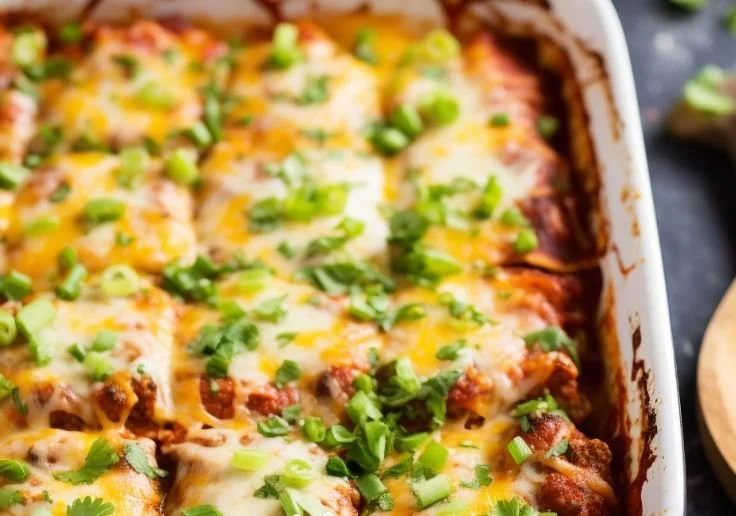 Vegetarian black bean enchilada casserole served in a baking dish with toppings.
