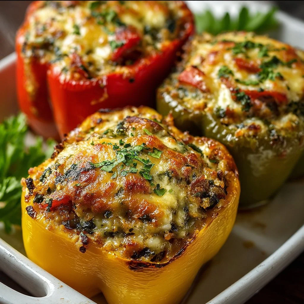 Vegetarian stuffed bell peppers filled with rice, beans, and vegetables