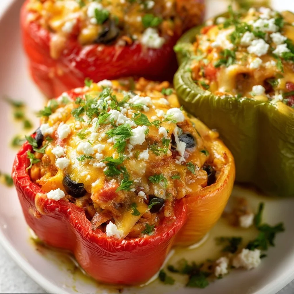 Delicious vegetarian stuffed peppers filled with grains and vegetables