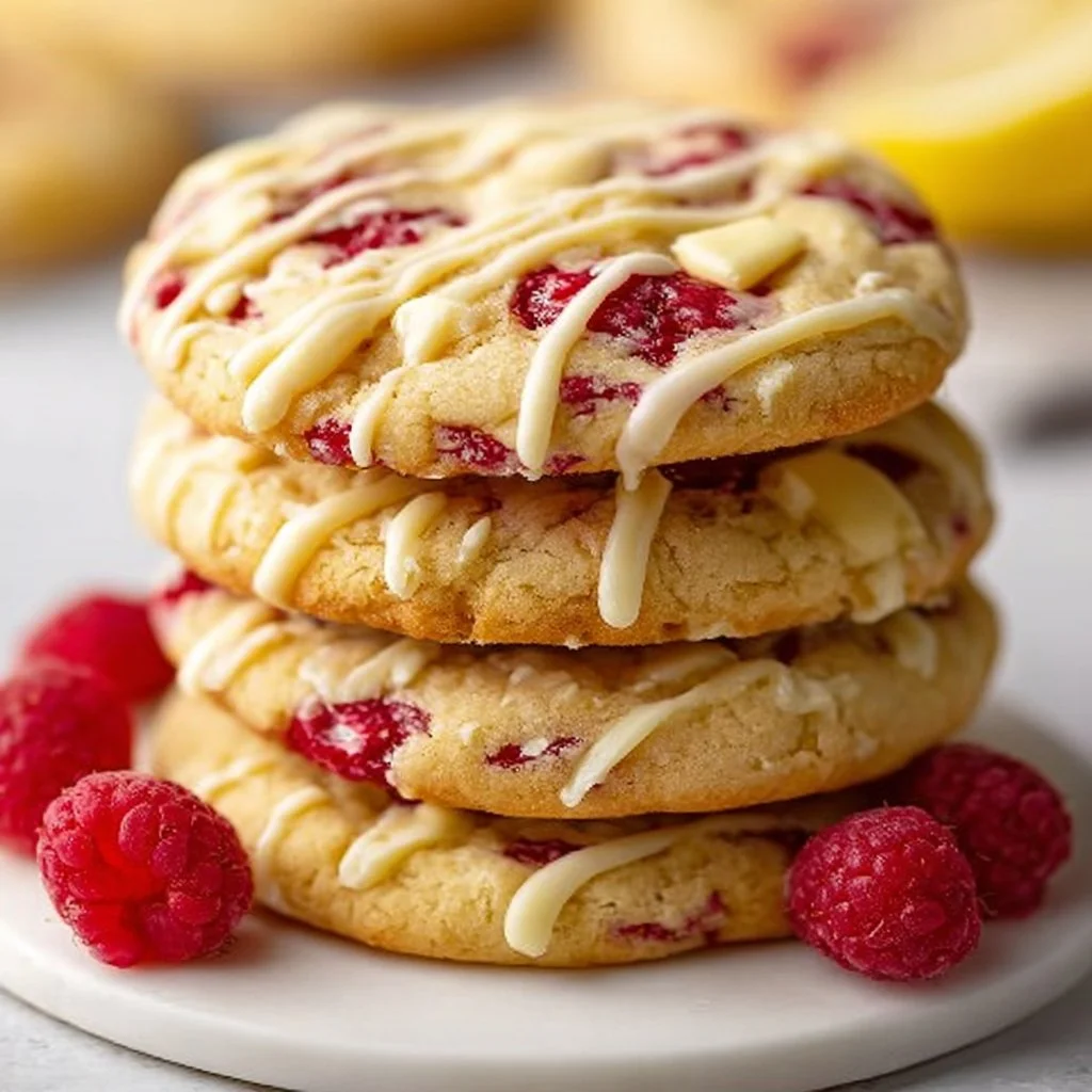 White chocolate lemon raspberry cookies on a plate with fresh berries