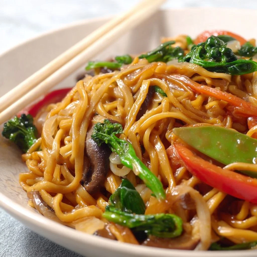 15 Minute Vegan Veggie Lo Mein with colorful vegetables in a bowl