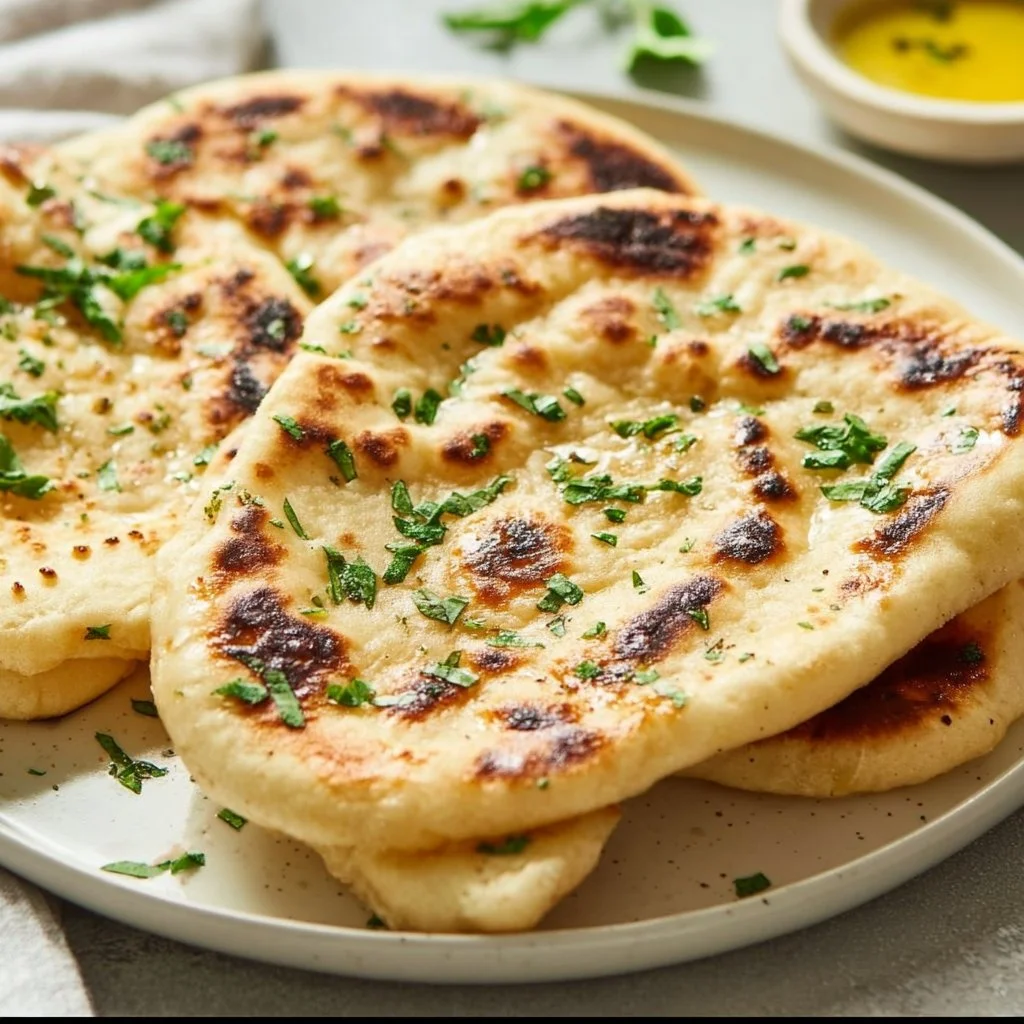 Homemade 2 ingredient dough naan bread served on a wooden board.
