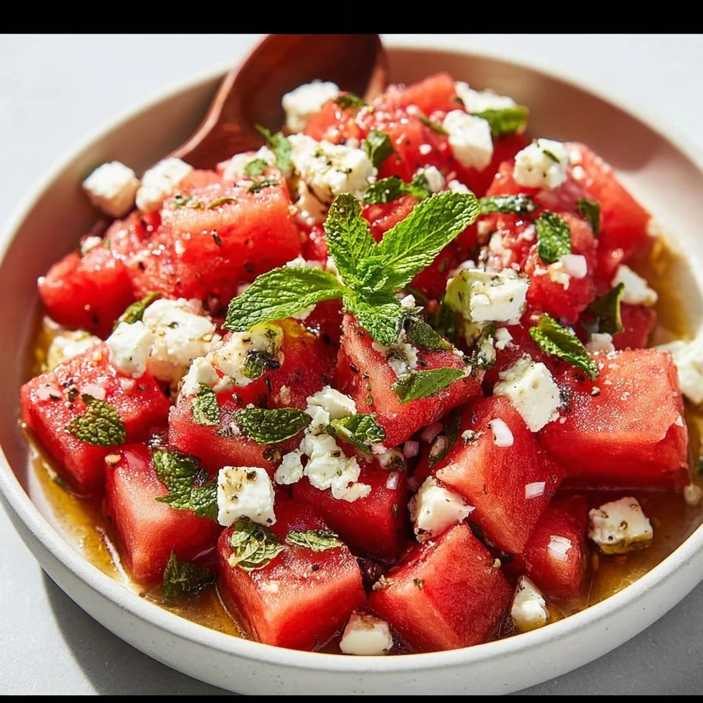 Delicious watermelon feta salad with mint leaves and a light dressing