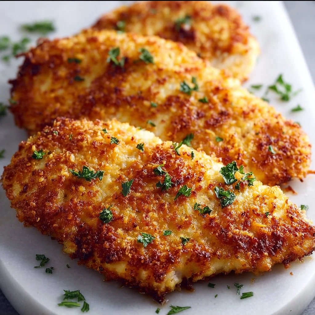 A golden-brown Air Fryer Parmesan Crusted Chicken served on a plate.