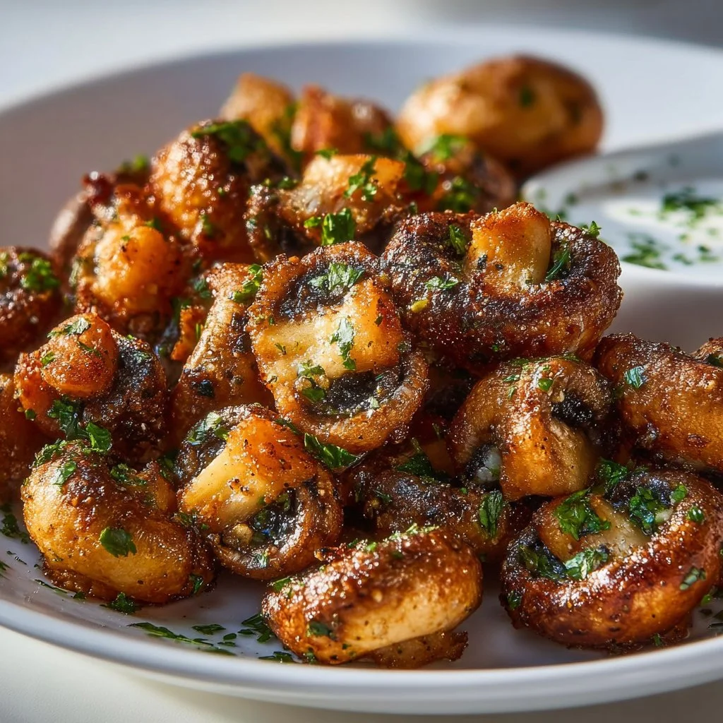 Air Fryer Ranch Mushrooms seasoned with ranch spice mix, served as a delicious snack