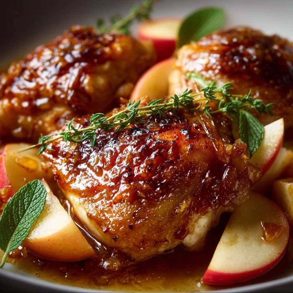 Juicy Apple Maple Chicken garnished with fresh herbs and served with apples and maple syrup.
