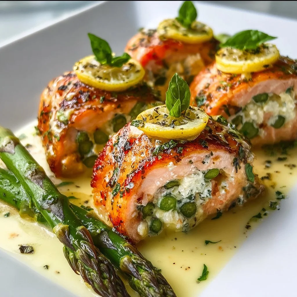 Asparagus and lemon basil ricotta stuffed salmon rolls topped with lemon sauce