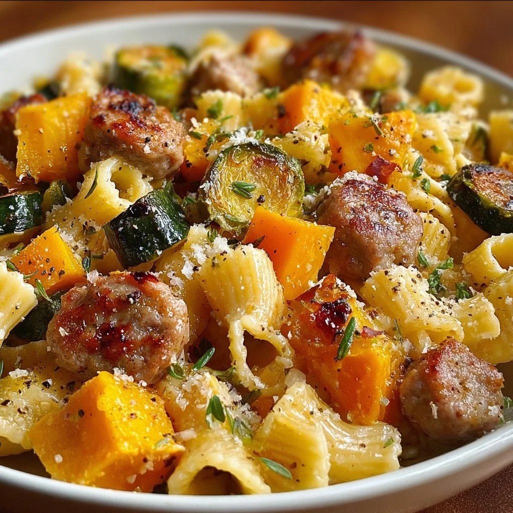 Autumn sausage pasta dish with squash, a quick fall favorite recipe