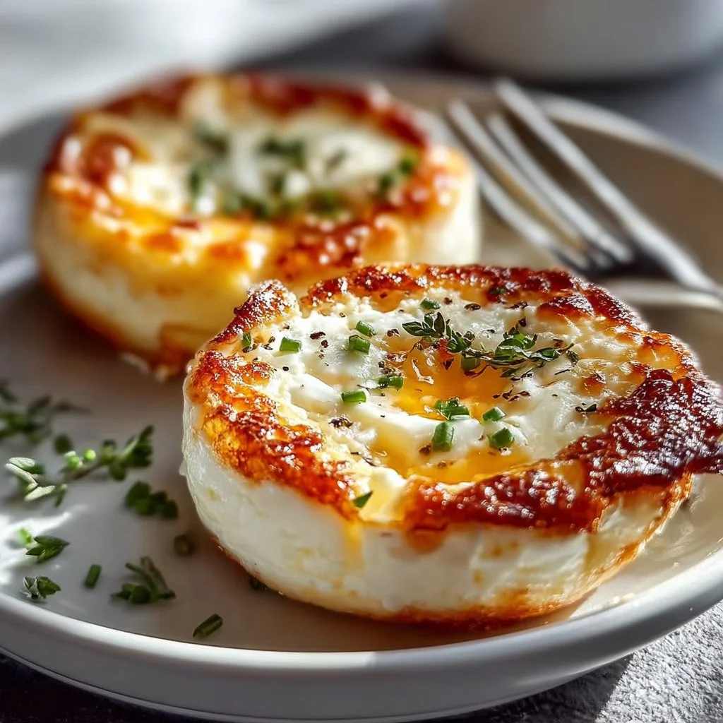 Baked cottage cheese eggs topped with herbs, served in a rustic dish for a nutritious breakfast.