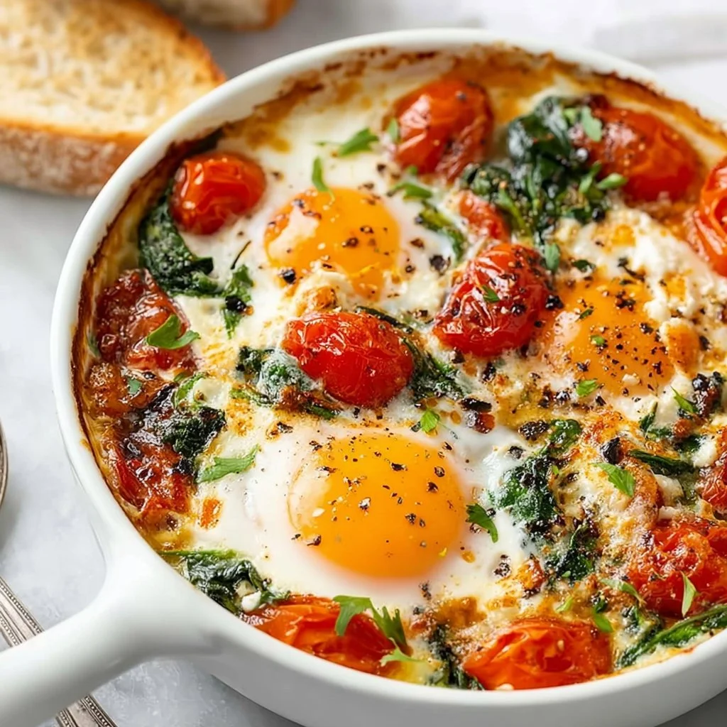 Baked feta eggs with fresh tomatoes and spinach in a creamy dish