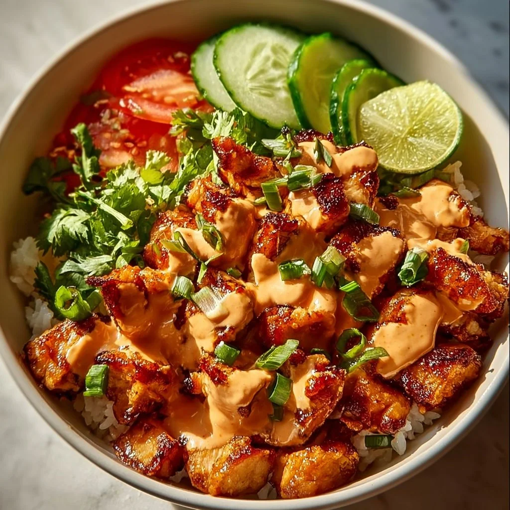 Delicious Bang Bang Chicken Bowl with colorful ingredients and a spicy sauce