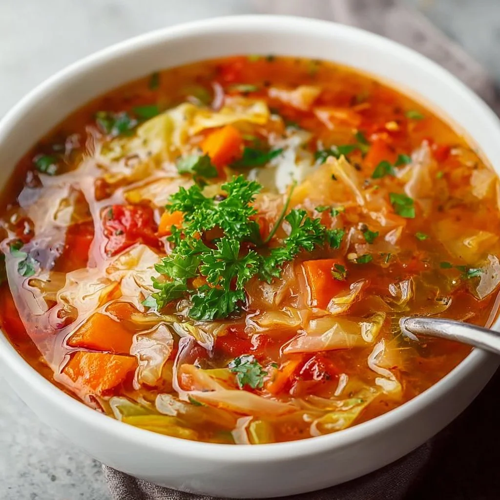 Bowl of delicious homemade cabbage soup topped with herbs