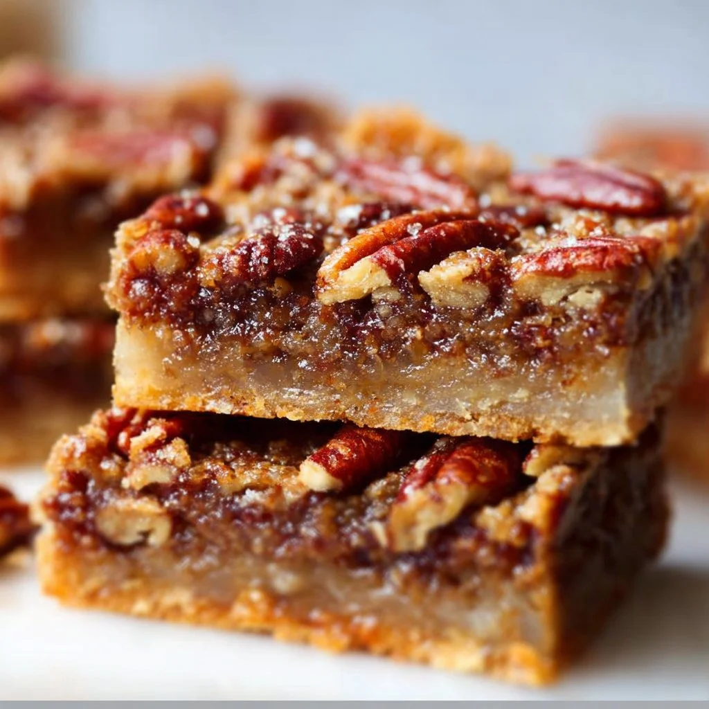 Delicious pecan pie bars served on a plate, topped with pecans.