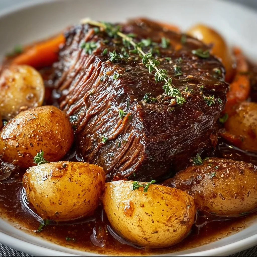 Best ever pot roast served on a plate with vegetables