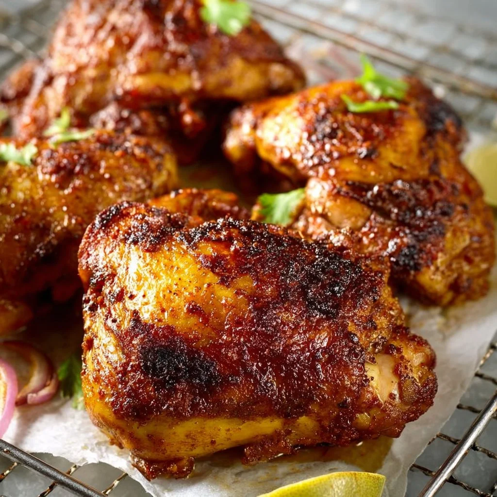 Delicious golden-brown roast chicken served with herbs and vegetables