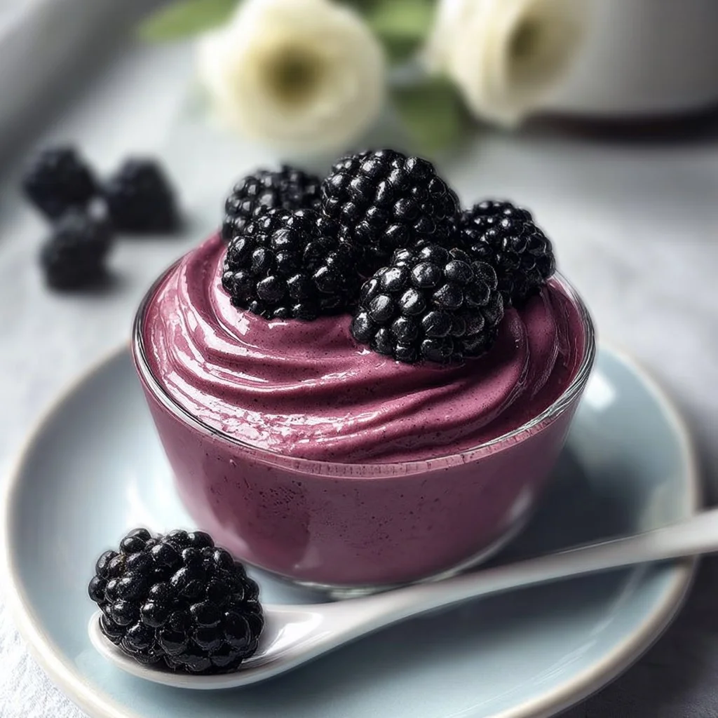 Delicious blackberry mousse in a glass topped with fresh blackberries