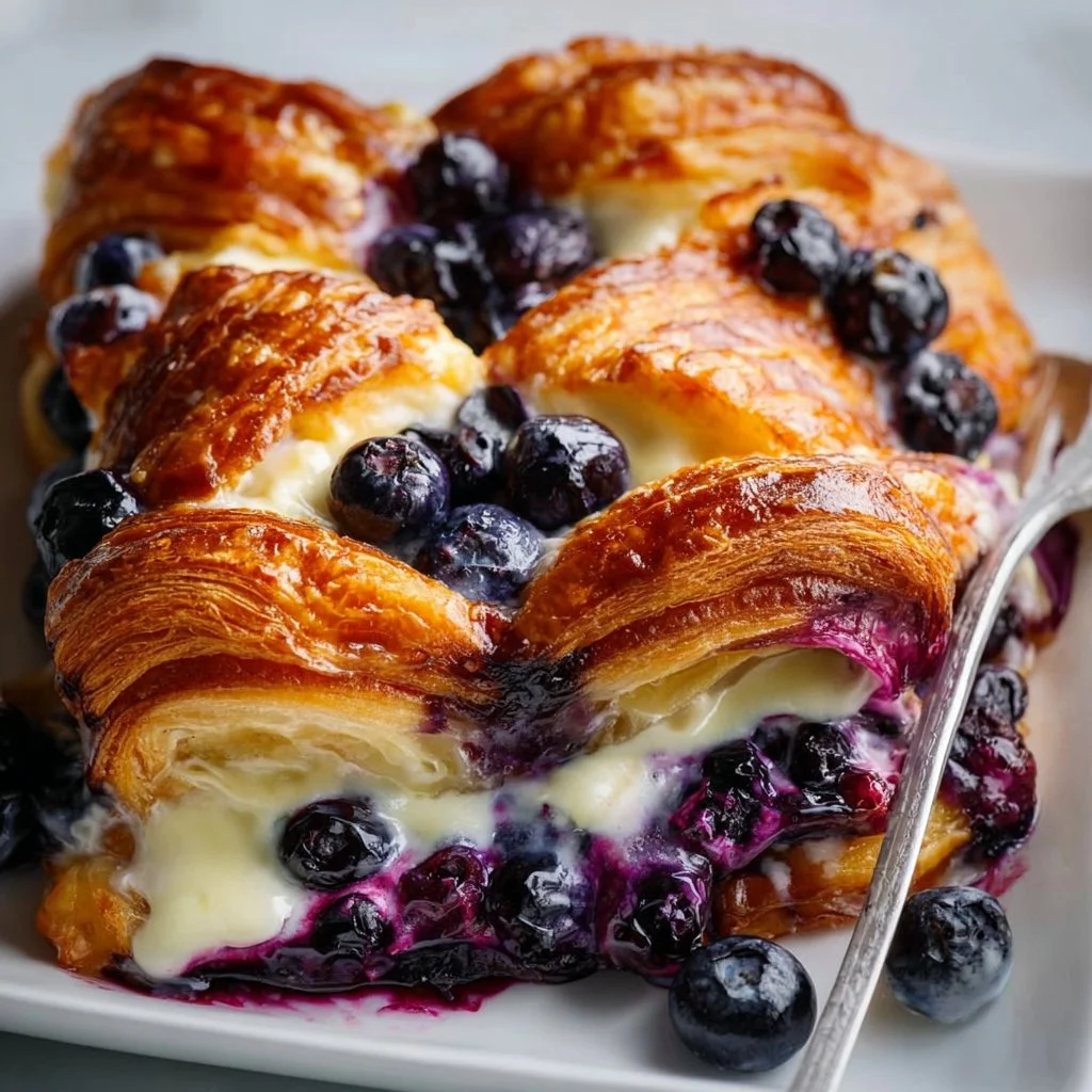 Blueberry Cream Cheese Croissant Casserole baked dish with fresh blueberries and croissants