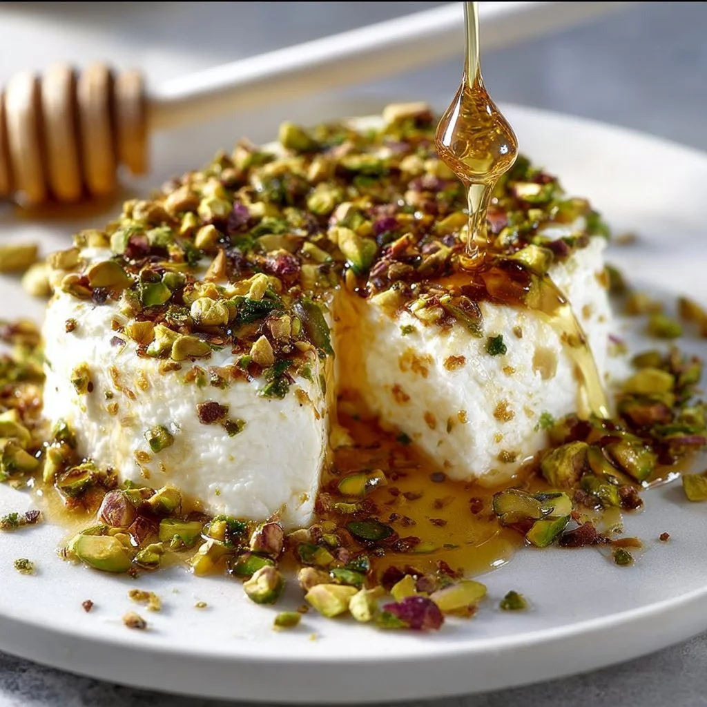 Boursin cheese with pistachios and honey served on a platter