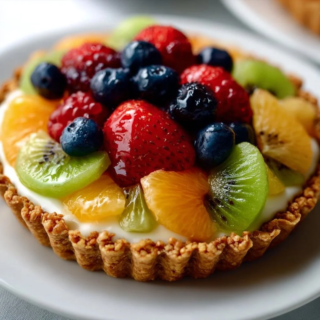 Delicious breakfast fruit tart topped with fresh, colorful fruits on a flaky crust.