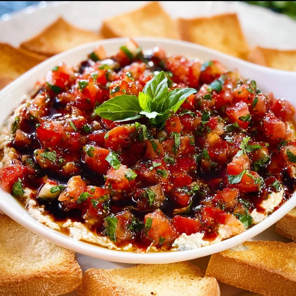 Delicious and colorful bruschetta dip served in a bowl with fresh toppings