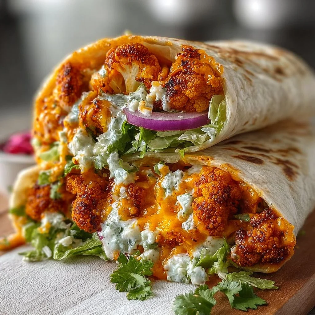 Buffalo Cauliflower Wrap filled with spicy cauliflower and fresh veggies
