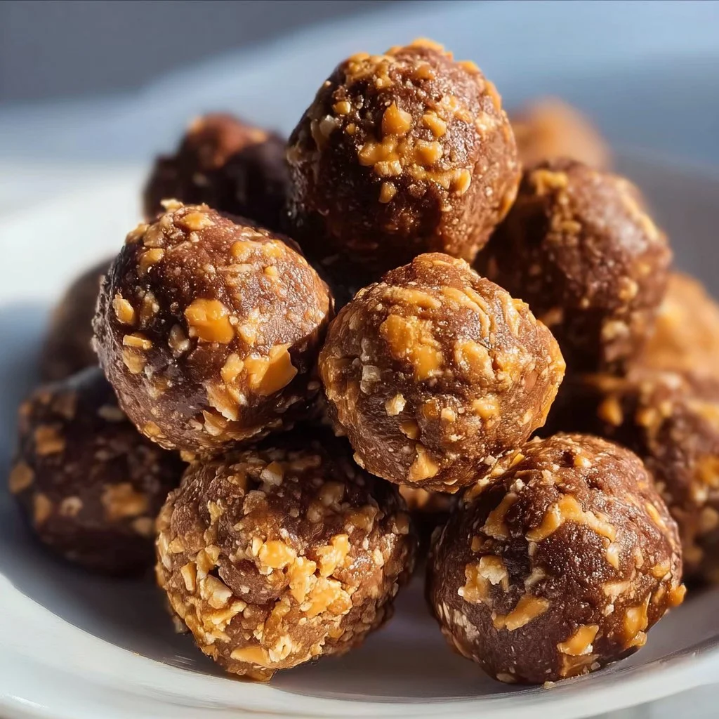 Plate of homemade Butterfinger Bliss Balls topped with crushed peanuts.