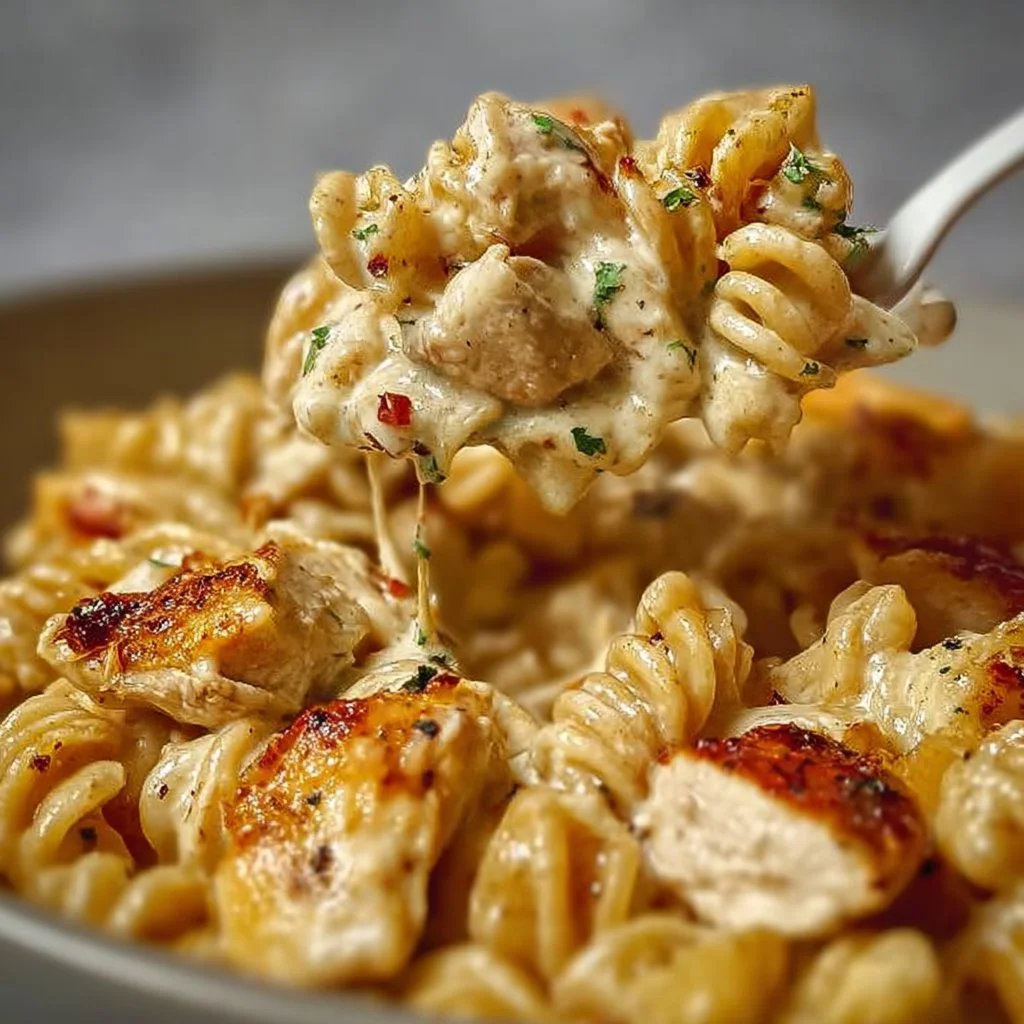 Cajun Cream Cheese Chicken Pasta Bake topped with herbs in a casserole dish.