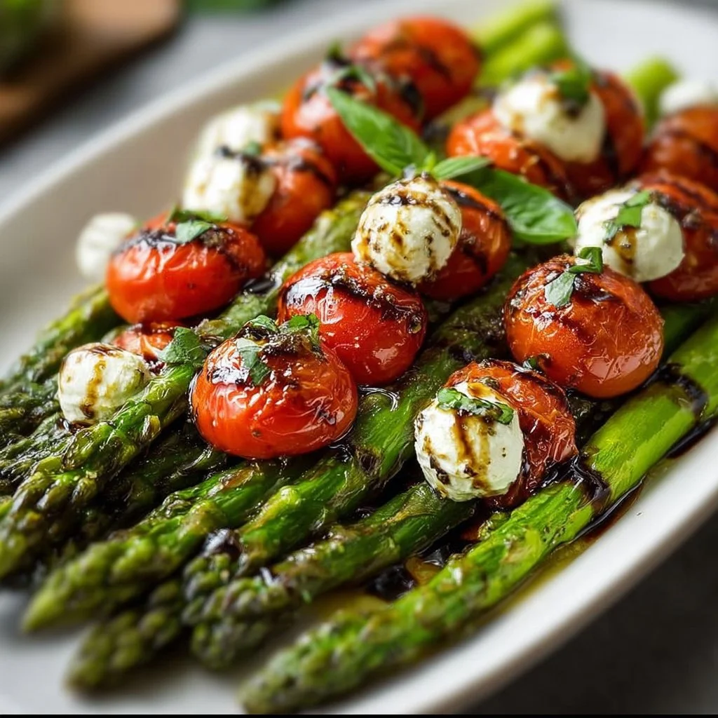 Plate of Caprese Roasted Asparagus with tomatoes, mozzarella, and basil garnish