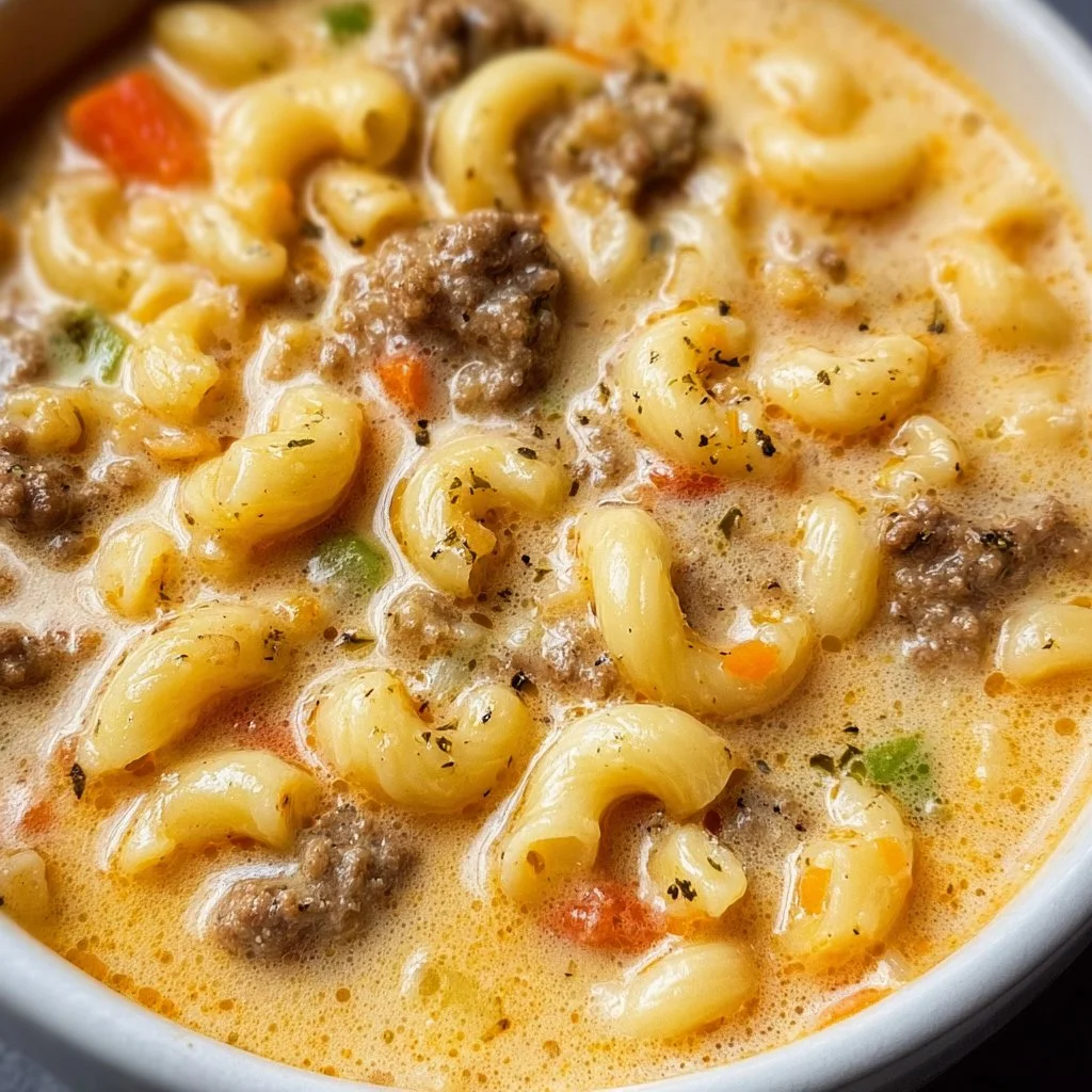 Bowl of Cheeseburger Macaroni Soup garnished with cheese and herbs