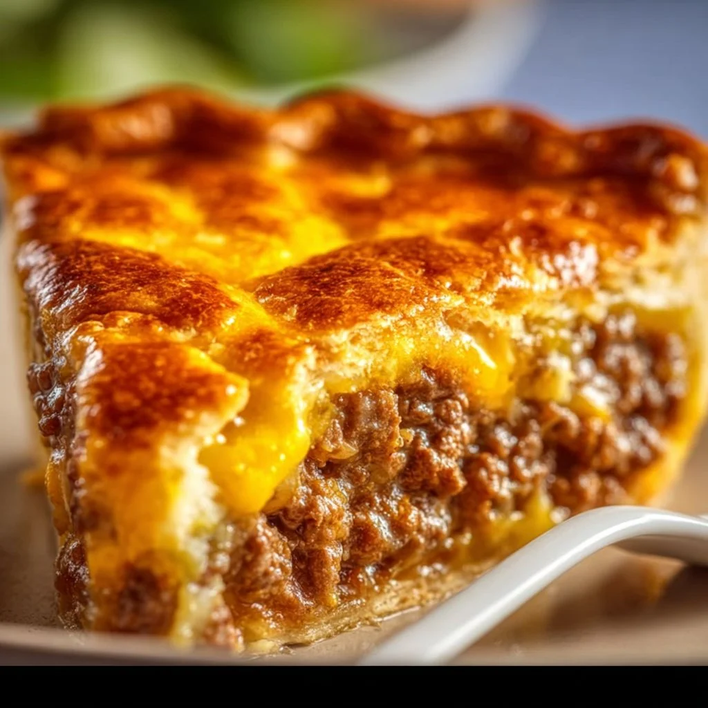 Cheeseburger pie topped with cheese and served in a pie dish