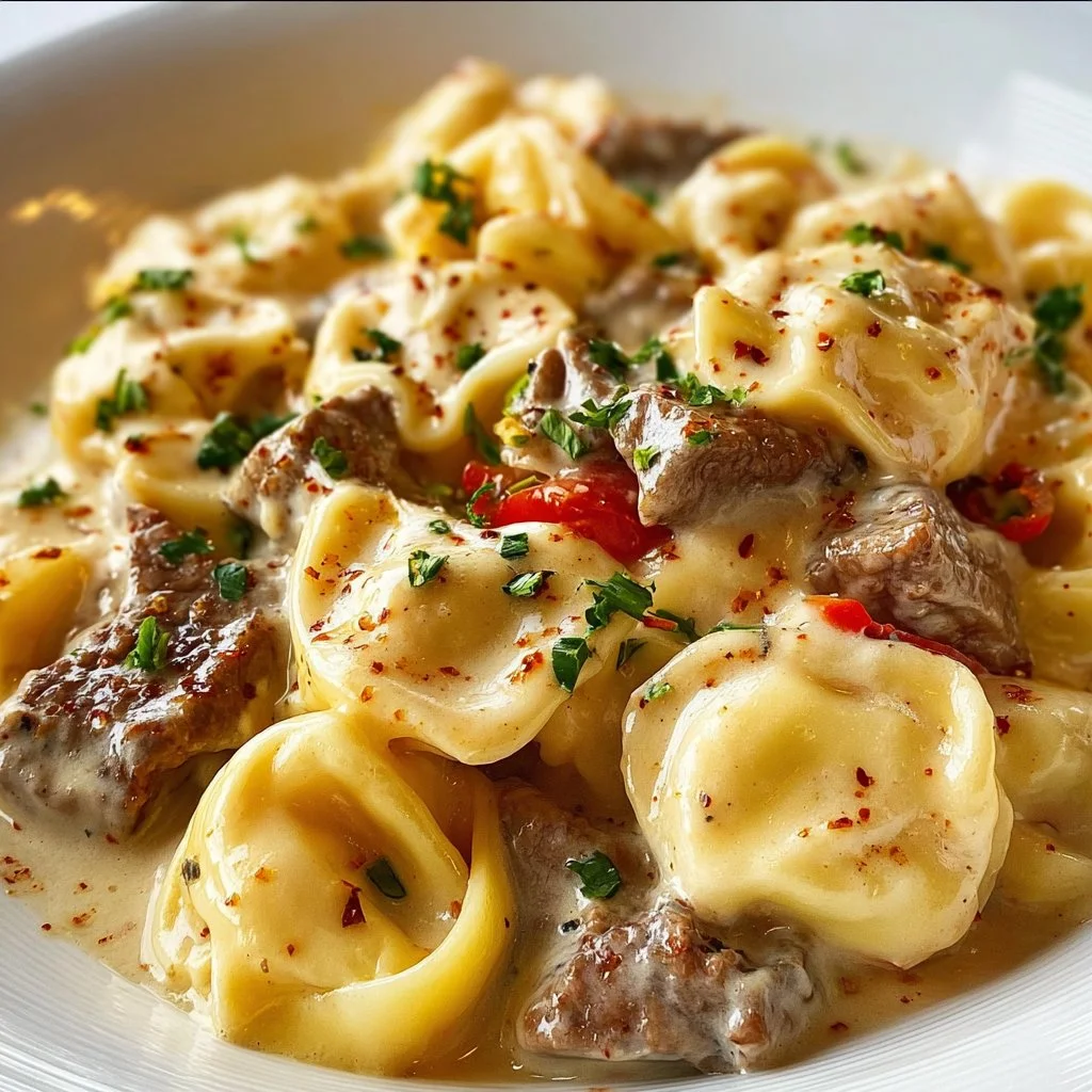 Cheesesteak Tortellini in creamy provolone sauce served in a bowl