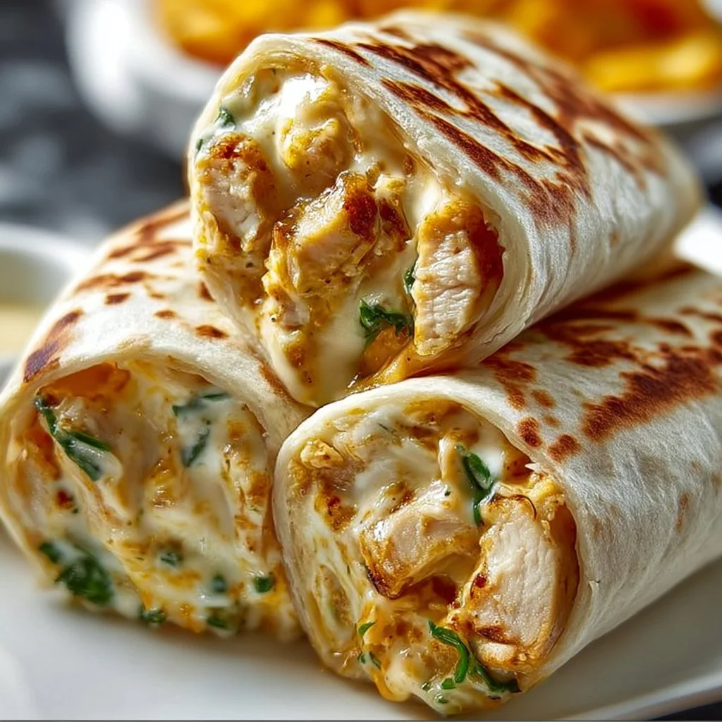 Cheesy Chicken Garlic Wraps ready to eat on a wooden platter