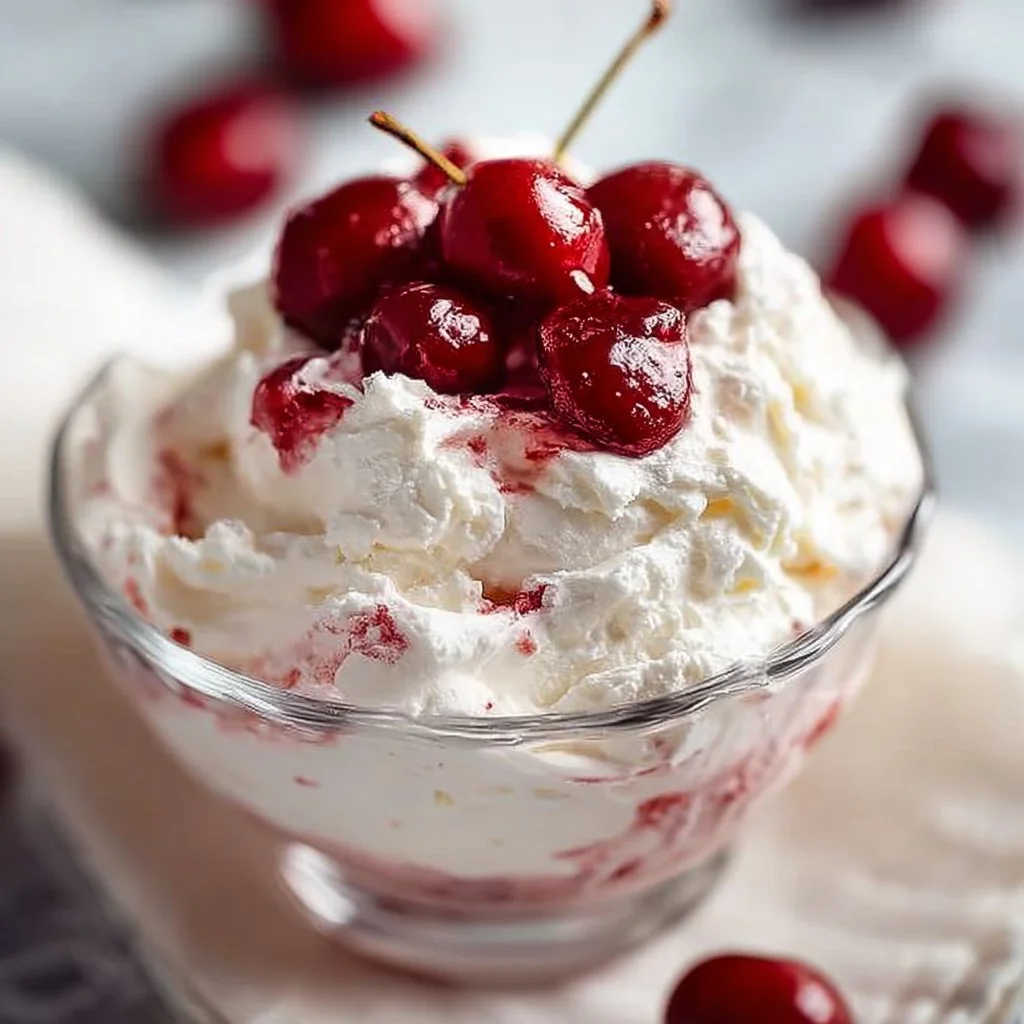 Delicious Cherry Cheesecake Fluff dessert topped with cherries